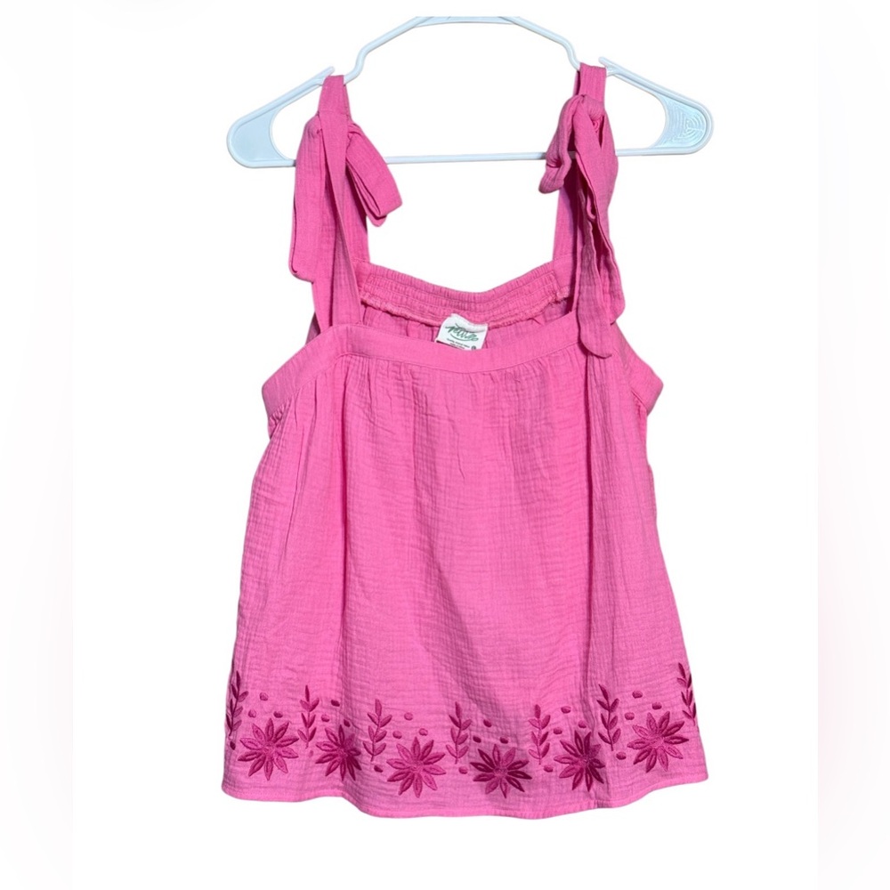 Newine Pink Embroidered Tank Top Size L Tie Strap Boho Rayon Blouse